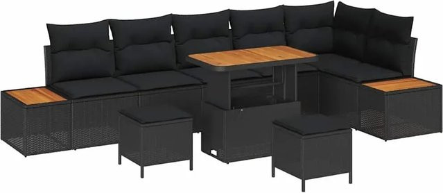 vidaXL 9-teiliges Garten-Sofaset in Schwarz aus Poly-Rattan und Akazienholz mit Kissen - Bild 1