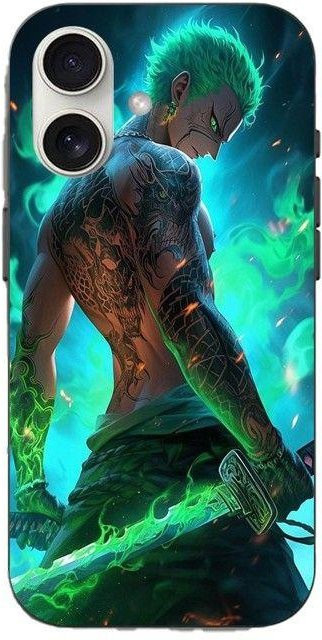 MANIACASE Handyhülle für iPhone 16 mit One Piece Zoro 3D Design aus flexiblem Silikon TPU in Schwarz und Multicolour - Bild 1