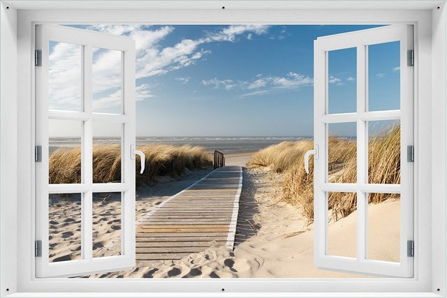 Wallario Gartenposter Fenster-Illusion Auf dem Holzweg zum Strand, Blau, B: 80 cm, H: 120 cm - Bild 1