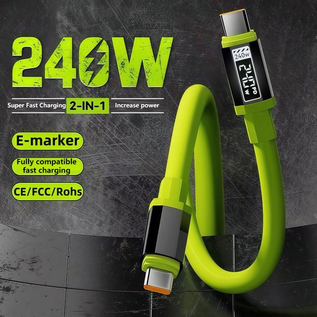 240W 10A USB-C auf USB-C Silikon-Schnellladekabel für Samsung, iPhone und Xiaomi in Grau oder Grün - Bild 1