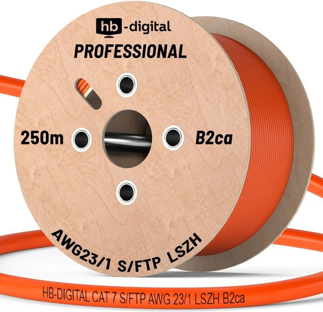 hb-digital CAT 7 Netzwerkkabel Ethernet LAN S/FTP PiMF AWG23/1 LSZH B2ca GHMT zertifiziert, Orange, 250 m - Bild 1