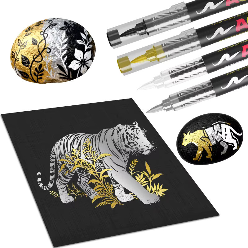Kolorowys Acrylmarker Set mit 12 Stück, Wasserbasierte Markerstifte mit weicher Pinselspitze in Schwarz, Weiß, Gold, Silber und Multicolour für Steinmalerei und Holz - Bild 6