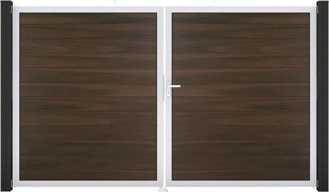 GroJa Solid Steckzaun Tor DIN Rechts EV1 in Walnuss, 2-flügelig, Aluminium und BPC, blickdicht - Bild 1