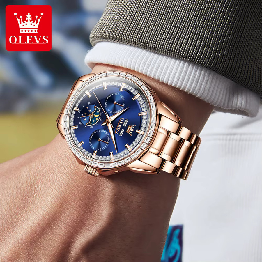 OLEVS Armbanduhr, Automatik, Edelstahl, Bicolor, Roségold, Blau, Herren - Bild 3