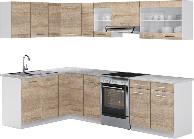 Vicco Eckküche Rick in Weiß und Sonoma Eiche mit Marmor-Optik, B/T/H: 267 x 167 x 82 cm - Bild 1