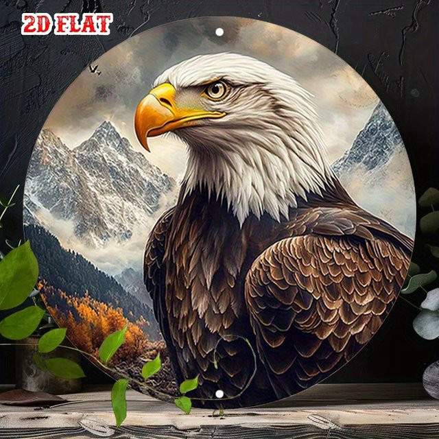 Mountainales Eagle runde Metallwandkunst Weißkopfseeadler im Flug mit Bergen rustikales modernes Dekor - Bild 1