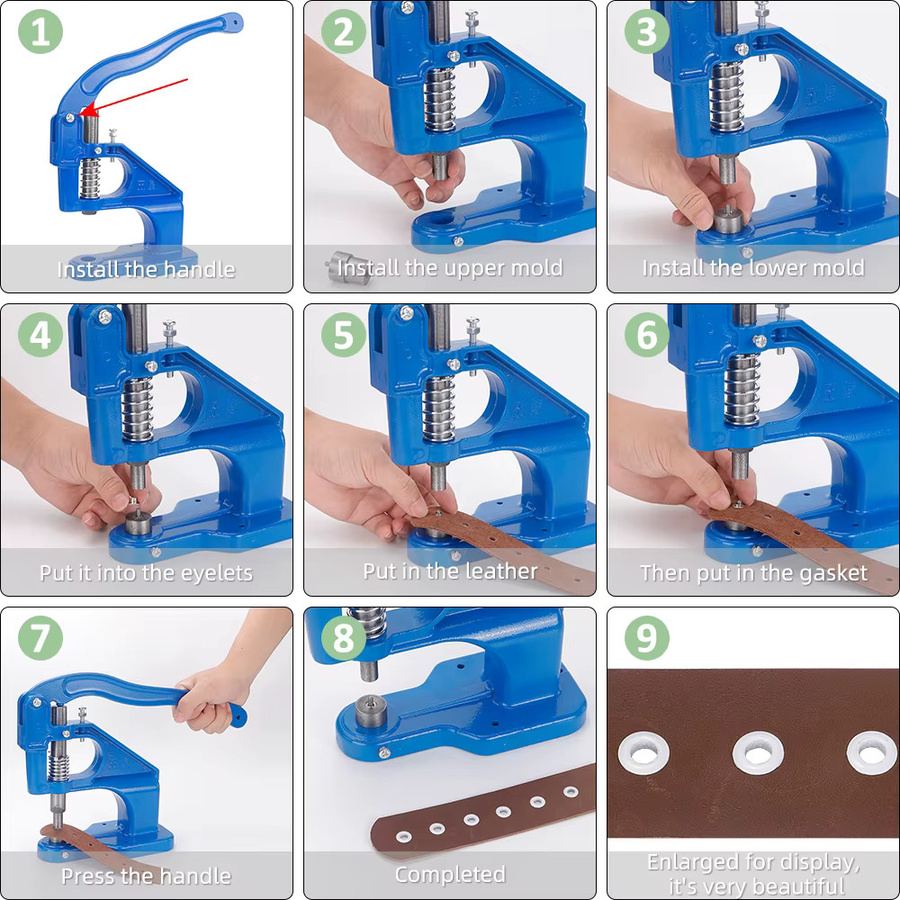 QJH Aluminium Handpressmaschinen-Set mit Nietformen und Doppelkappe für DIY-Lederhandwerk inklusive Locher-Ösenwerkzeug - Bild 3