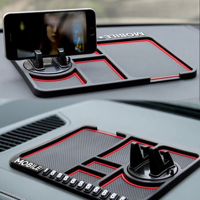 Anti-Rutsch-Matte für das Auto mit drehbarer Smartphone-Halterung, GPS-Navigation und Parknummer-Karte in Schwarz - Bild 1