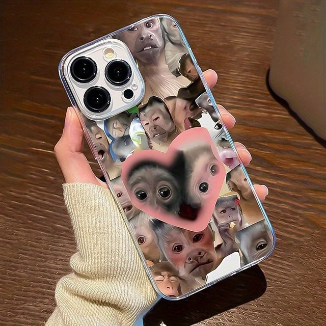 Personalisierte iPhone Handyhülle aus transparentem TPU mit Herz-Affen-Muster für Apple iPhone 17 16 15 14 13 12 11 Pro Max Plus Mini SE und XR X - Bild 1