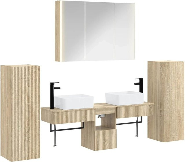 6-teiliges modernes Badezimmermöbel-Set von vidaXL in Sonoma-Eiche mit Waschtischunterschrank, Spiegelschrank und Wandunterschrank aus Holz und Glas in Braun - Bild 1