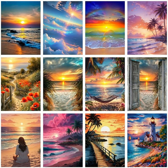 AZQSD Diamantmalerei Sonnenuntergang Landschaft mit Strass-Stickerei für die Wanddekoration - Bild 1