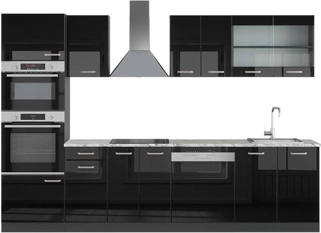 Vicco R-Line Küchenzeile Schwarz Hochglanz und Anthrazit mit Hochschrank und Marmor-Optik, Breite: 300 cm - Bild 1