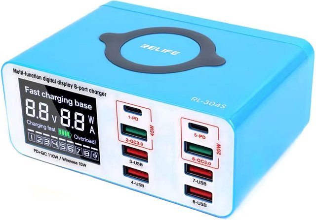 Relife RL-304S QI Ladestation mit 110W, 2 x USB-C und 6 x USB-A in Blau - Bild 1