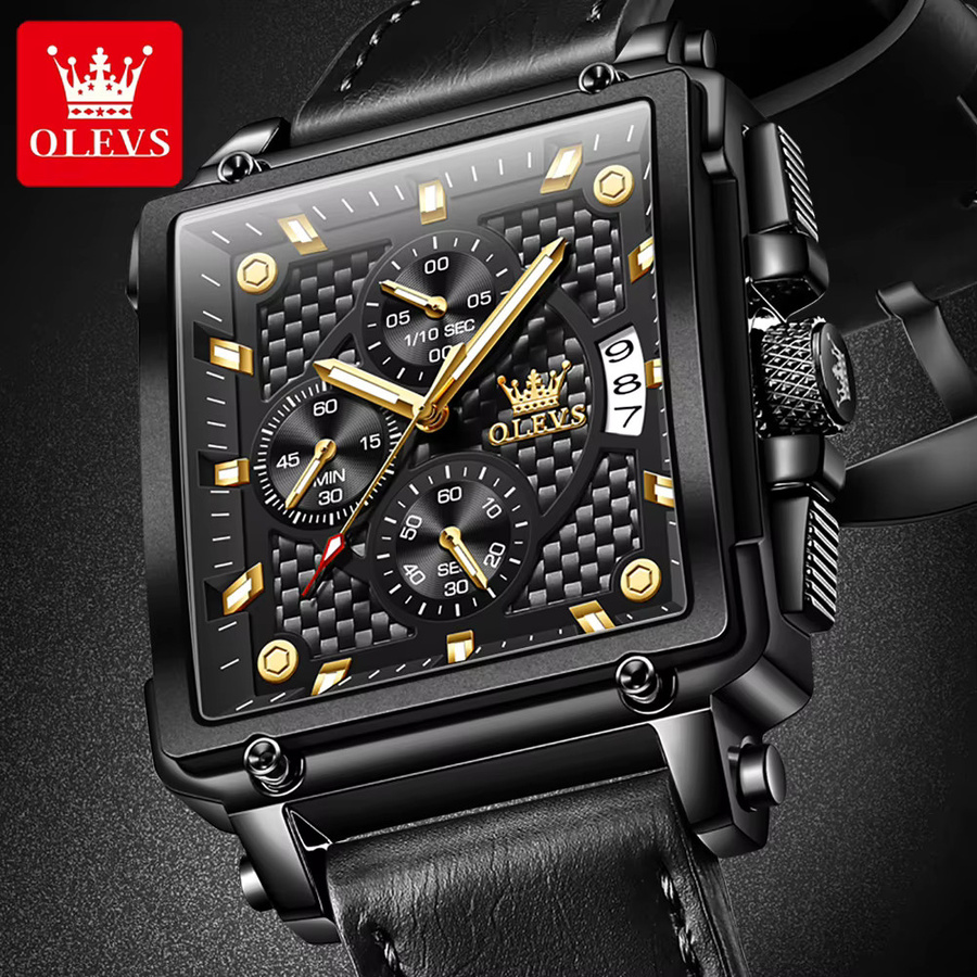OLEVS Armbanduhr, Quarz, Edelstahl, Leder, Schwarz, Gold, Herren - Bild 3