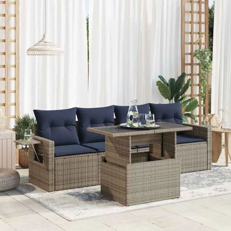 5-teilige moderne Garten-Sofagarnitur aus Poly-Rattan mit Kissen in Grau von vidaxl - Bild 1