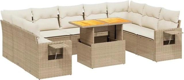 vidaXL 10-tlg. Garten-Sofagarnitur L-Form aus Poly-Rattan und Akazienholz in Beige mit UV-beständigen Kissen - Bild 1