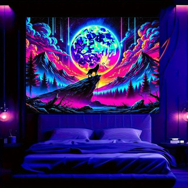 VIKAMA Cyber Wolf Mond Wandteppich in Neon Lila und Blau mit mechanischem Wolf Design für dein Schlafzimmer oder deine Party-Dekoration, Breite: 60 cm, Höhe: 40 cm - Bild 1