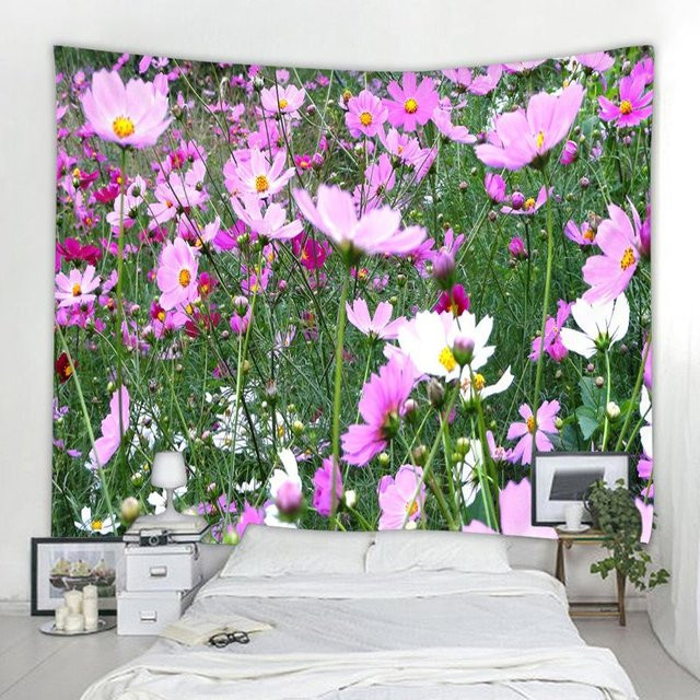 Wandteppich mit Frühlingsblumen und Rosen in Rosa, Stoff Wandbehang mit Naturlandschaft, Breite: 95 cm, Höhe: 73 cm - Bild 1
