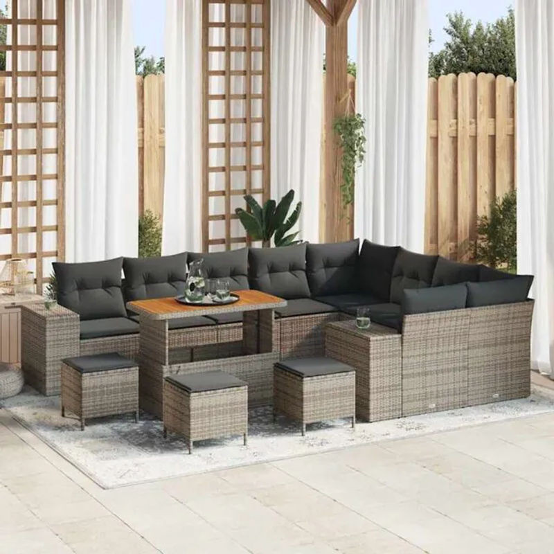 Vidaxl Garten-Sofa-Set aus Poly-Rattan in Grau, 13-teiliges modulares Loungemöbel-Set mit Fußhockern und gepolsterten Segmenten - Bild 1