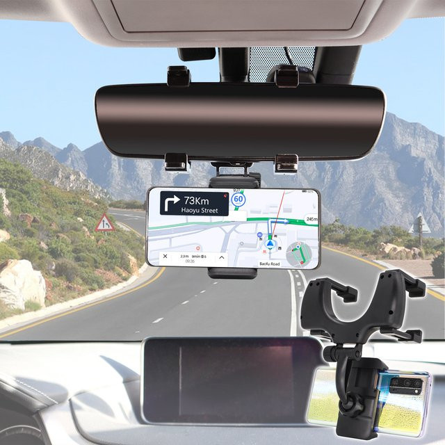 Universelle Rückspiegel-Telefonhalterung für Auto und LKW in Schwarz, kompatibel mit GPS und Smartphones wie iPhone oder Samsung - Bild 1