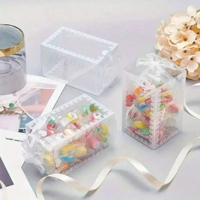 Durchsichtige Geschenkbox aus Kunststoff mit eleganter Schleife in Transparent, quadratische Aufbewahrungsbox für Weihnachten - Bild 2