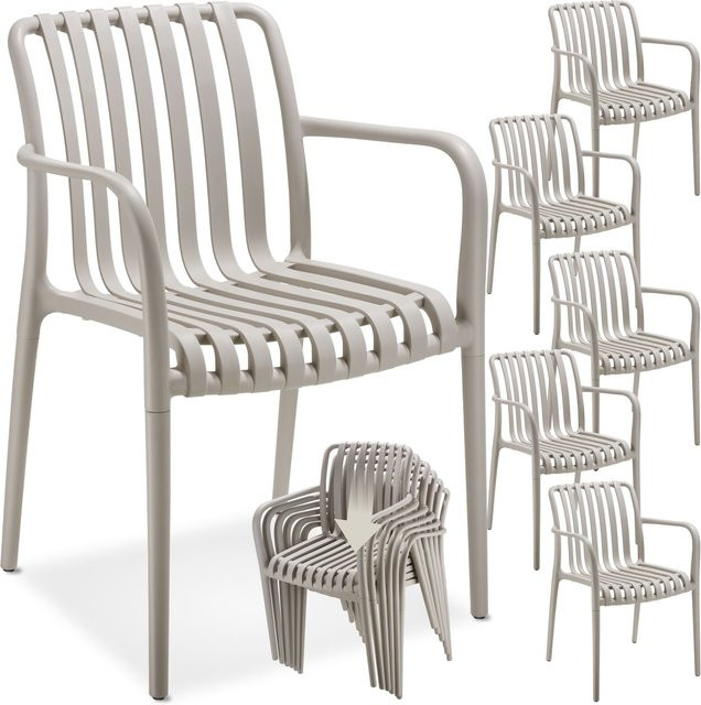 tectake Alcudia Gartenstühle 6er Set Taupe, wetterfest, UV-beständig und stapelbar, mit Armlehnen, B/T/H: 54,5 x 58 x 80,5 cm - Bild 1