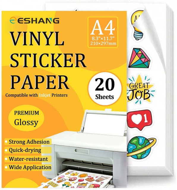 ESHANG A4 Glänzendes Vinyl-Aufkleberpapier in Weiß für Tintenstrahldrucker, Wasserfestes Etikettenpapier für Büro und Zuhause - Bild 1