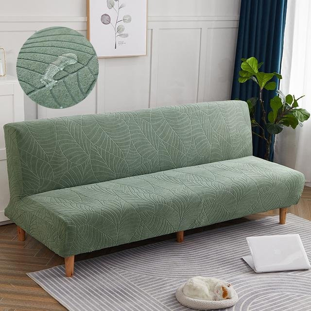 Wasserdichte Jacquard-Sofahülle für Klapp-Schlafsofas ohne Armlehnen in Cyanblau mit floralem Muster, Länge: 120-150 cm - Bild 1