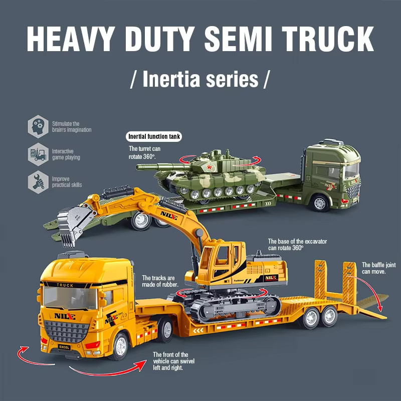 Kmoist Modell Engineering Fahrzeug Halbträger Container Bagger Transport Lkw, Spielzeugfahrzeug - Bild 3