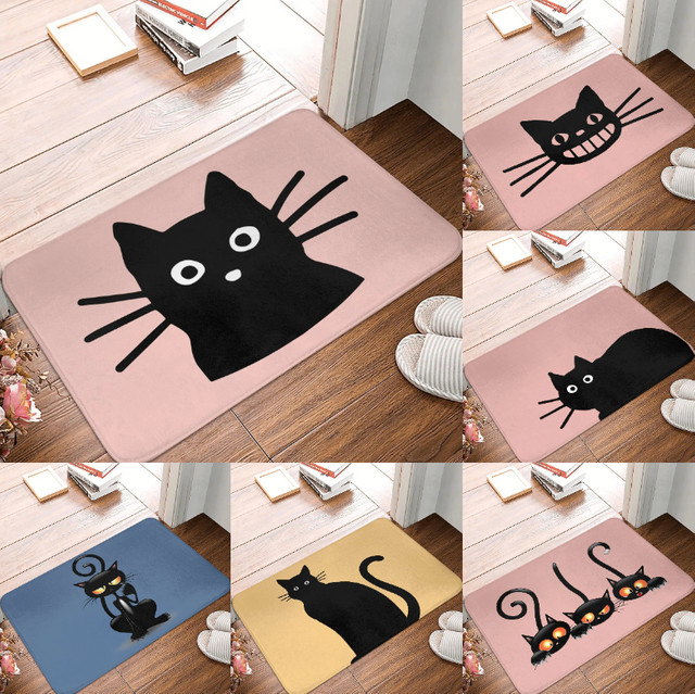 Rutschfester Cartoon-Katzen-Teppich in Rosa, Blau und Gelb mit schwarzem Katzendruck für dein Schlafzimmer - Bild 1