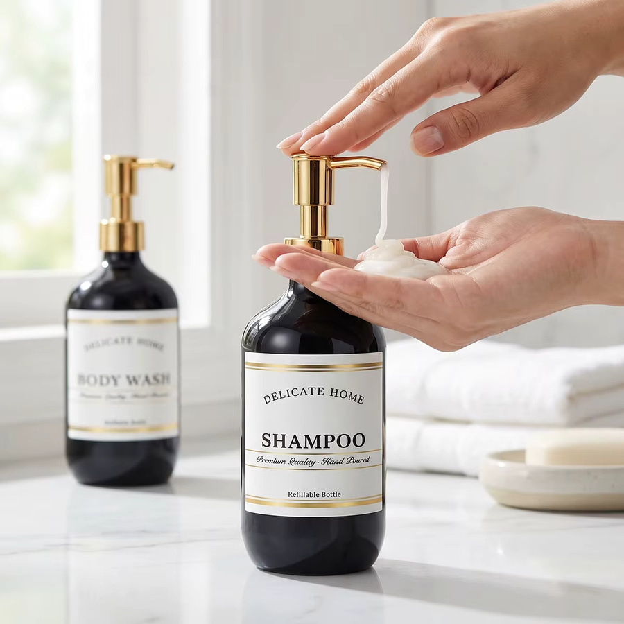 Schwarzes Nachfüllbares Duschflaschen-Set, 3er-Pack Kunststoff-Pumpflaschen für Shampoo, Conditioner und Duschgel, 500 ml pro Flasche - Bild 3