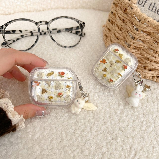 Glitzernde AirPods Schutzhülle mit süßem Kaninchen-Blumen-Design und Anhänger in Korall für Apple AirPods 1, 2, 3, 4 und Pro/Pro 2/Pro 3 - Bild 1