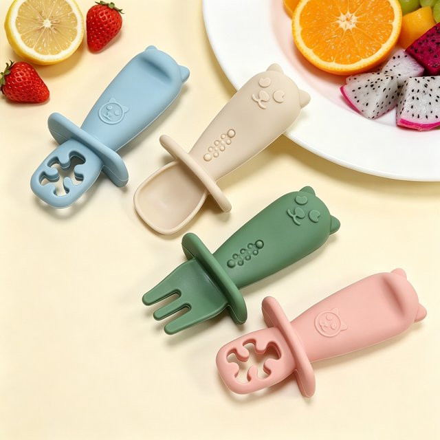 2-teiliges Silikon-Babylöffel-Set mit Welpen-Design in Pink und Multicolour mit kurzem Griff - Bild 1