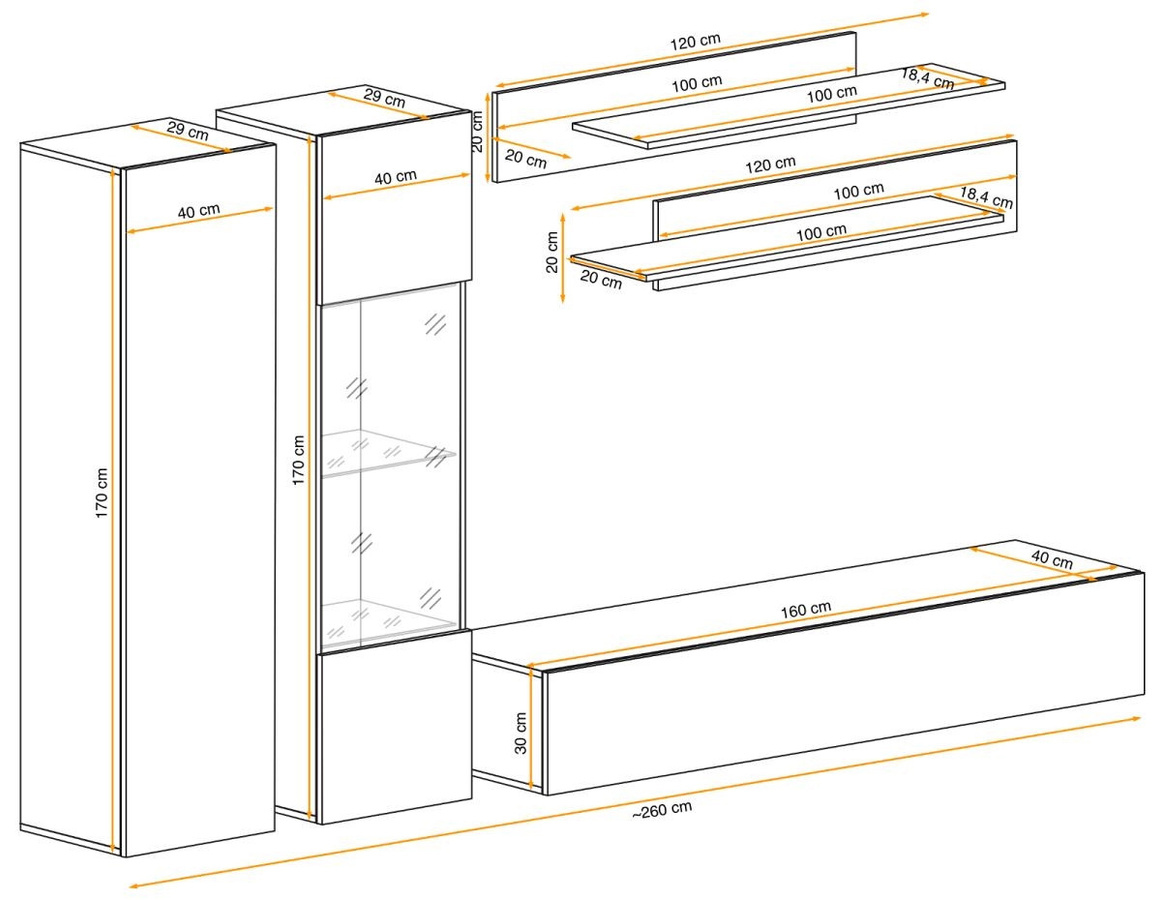 Wohnwand Option von Inn.Furn in Kaschmir Beige, 5-teiliges Set mit LED-Beleuchtung und Glasvitrine, Breite: 260 cm - Bild 6