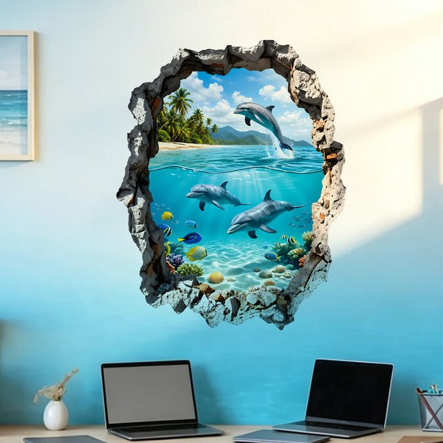 Kingsmile 3D Delfin Ozean Wandaufkleber, Entfernbare Unterwasser Meeresleben Wandsticker in Mehrfarbig für Kinderzimmer und Badezimmer - Bild 1
