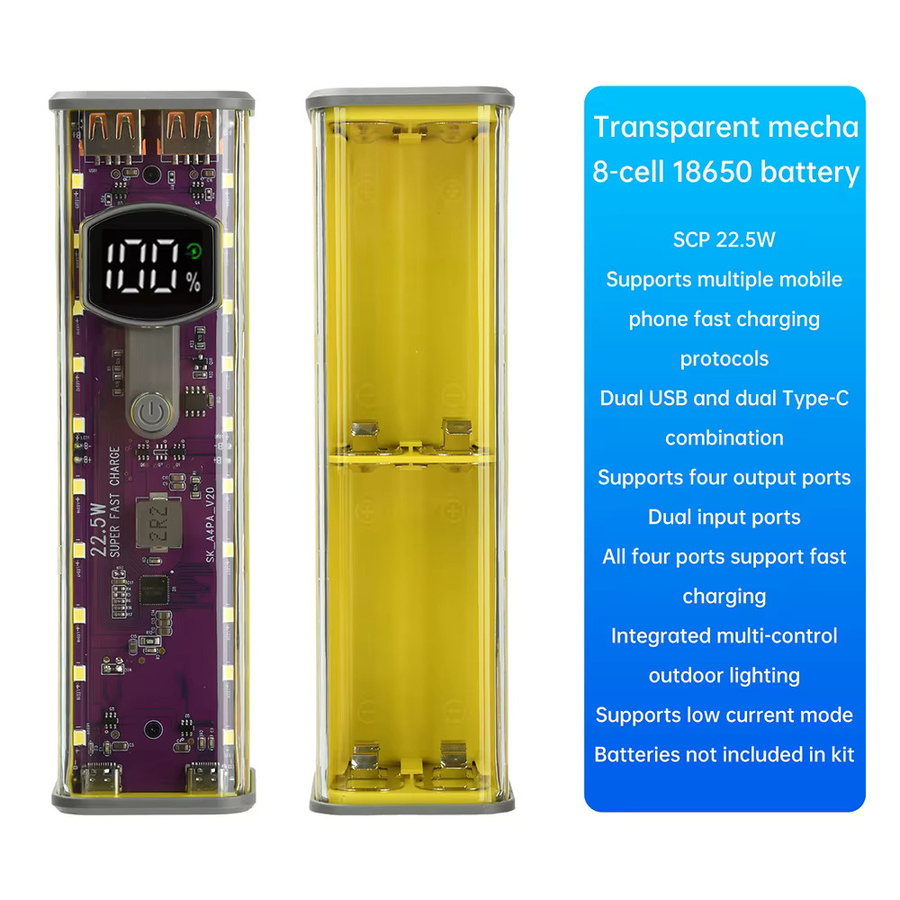 Gaqqee 22,5 W Powerbank-Gehäuse Mech Transparent in Purple für 8-Zellen 18650 Batterien mit schweißfreiem Design und Strommodus-Unterstützung - Bild 2