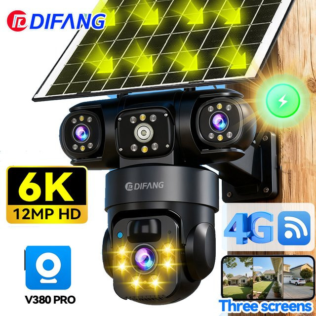 DiFang V380 Pro Solar-Überwachungskamera mit 6K Auflösung, 4G SIM-Karte und WiFi, drei Objektiven für drei Bildschirme, Farbe: Schwarz - Bild 1