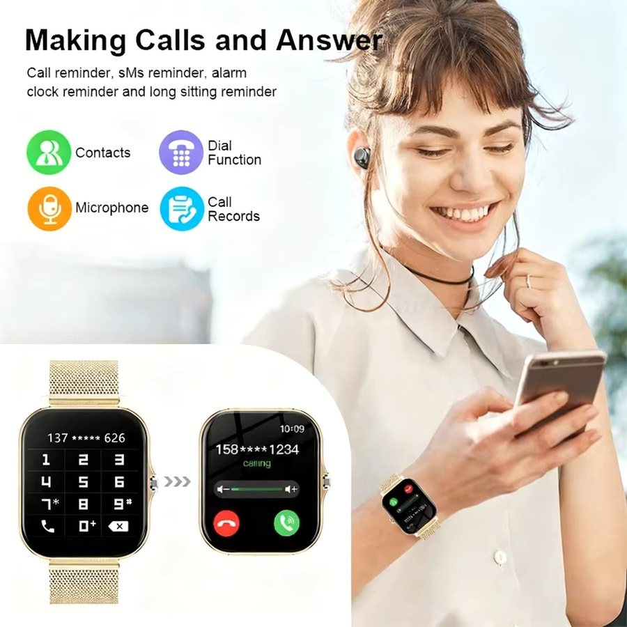 LAXASFIT Smartwatch mit 1,85 Zoll HD-Bildschirm und Bluetooth-Anruffunktion in Grau und Gold - Bild 4