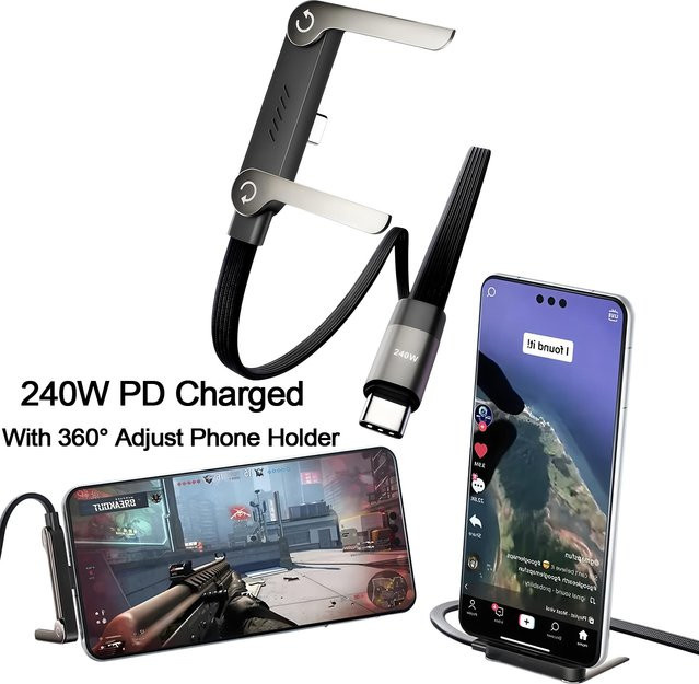 Fireurus 2-in-1 PD-zu-Typ-C-Schnellladekabel mit faltbarem Telefonhalter, 240 W, Schwarz - Bild 1