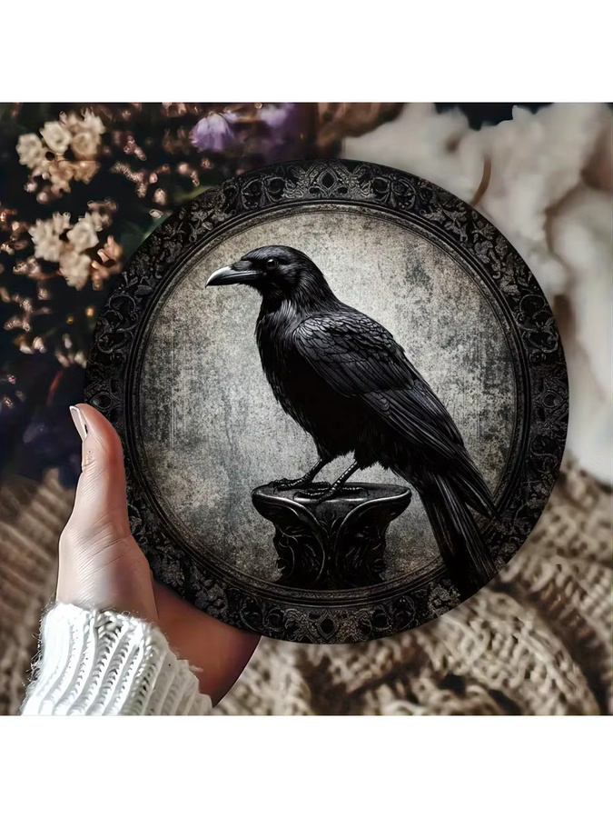 Rundes Metallblechschild mit Rabe von Potdemiel im Vintage-Stil als Wandkunst, Durchmesser: 20,3 cm - Bild 6