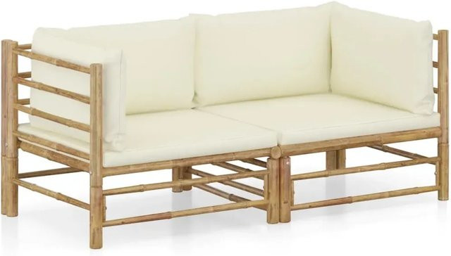 vidaXL 2-teiliges Garten-Lounge-Set aus Bambus mit weißen Polsterkissen in L-Form - Bild 1