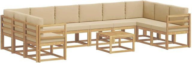 vidaXL Outdoor-Sofagarnitur aus Akazienholz mit 11-teiligem Set, Farbe Weiß und Beige, modern mit Polsterung und Kissen - Bild 1