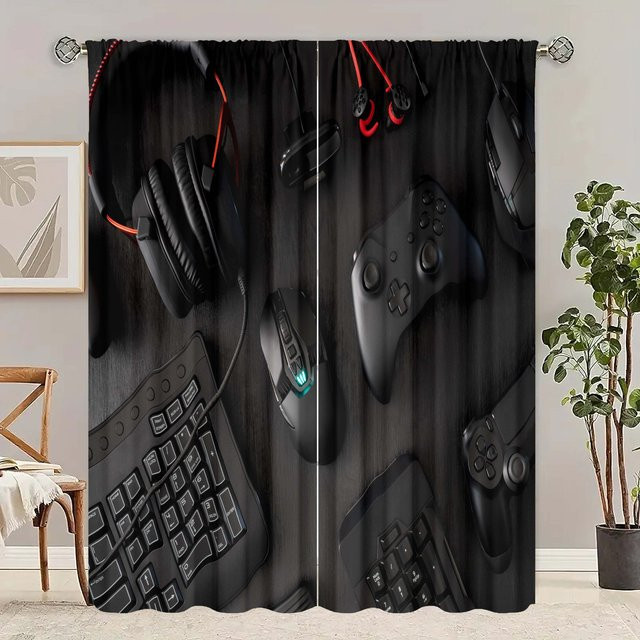 Yiran Furniture Druckvorhang mit Gaming-Motiv, 2er-Set, Schwarz, Breite: 76,2 cm, Höhe: 165,1 cm - Bild 1