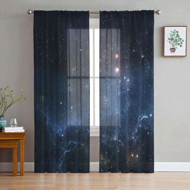 Yiran Furniture Sternenhimmelblaue transparente Tüll-Vorhänge aus Organza mit Sternen-Motiv, Breite: 135 cm, Höhe: 160 cm - Bild 1