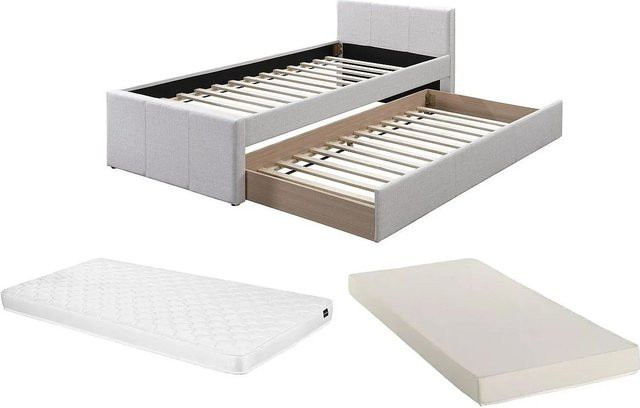 Vente-unique Bettrahmen Doritalo in Beige, Modernes Design aus Stoff und MDF, Breite: 80–90 cm, Länge: 190/200 cm, Höhe: 95 cm - Bild 1