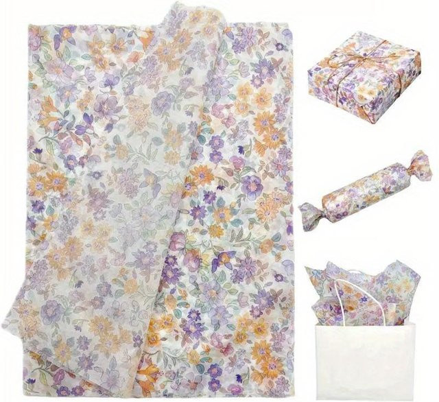 SZ-Damai Seidenpapier mit lila Blumen- und Grünmuster für Geschenkverpackungen, 10 Stück, B: 50,8 cm x H: 69,85 cm - Bild 1