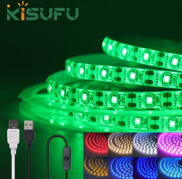 KISUFU RGB LED-Streifenleuchte mit USB-Anschluss und Schalter, 5V, 60 LEDs/m, Schwarz, ideal als Unterbauleuchte oder Nachtbeleuchtung - Bild 1