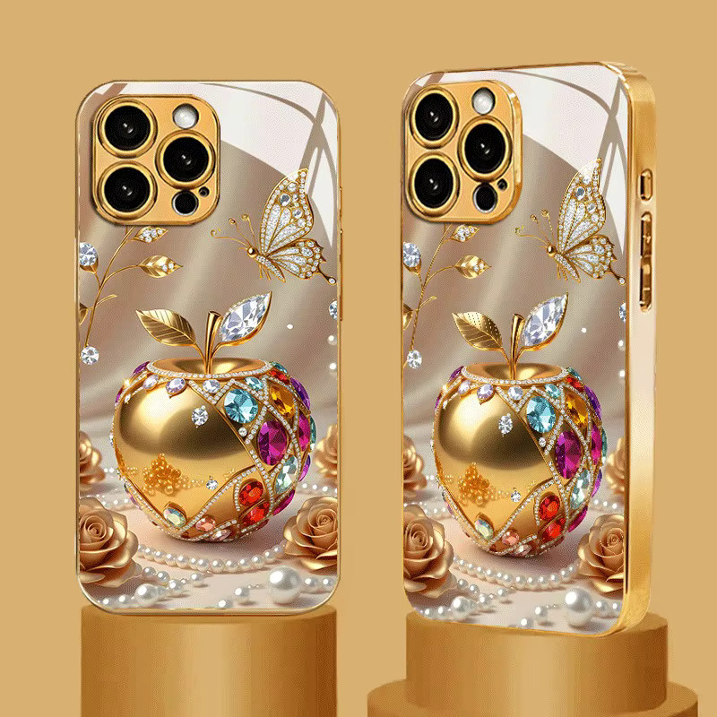 Luxus Handyhülle aus Glas mit Goldenem Metallic-Muster für Apple iPhone 17 16 15 14 13 12 11 Pro Max Plus Air 16E in Gold - Bild 3