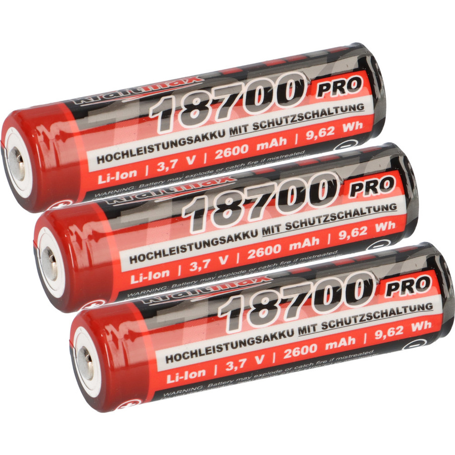 3x Kraftmax 18700 Pro Li-Ion Akku mit PCB Schutzschaltung, 3,7V, 9,62 Wh, 2600 mAh, Farbe: Rot - Bild 1