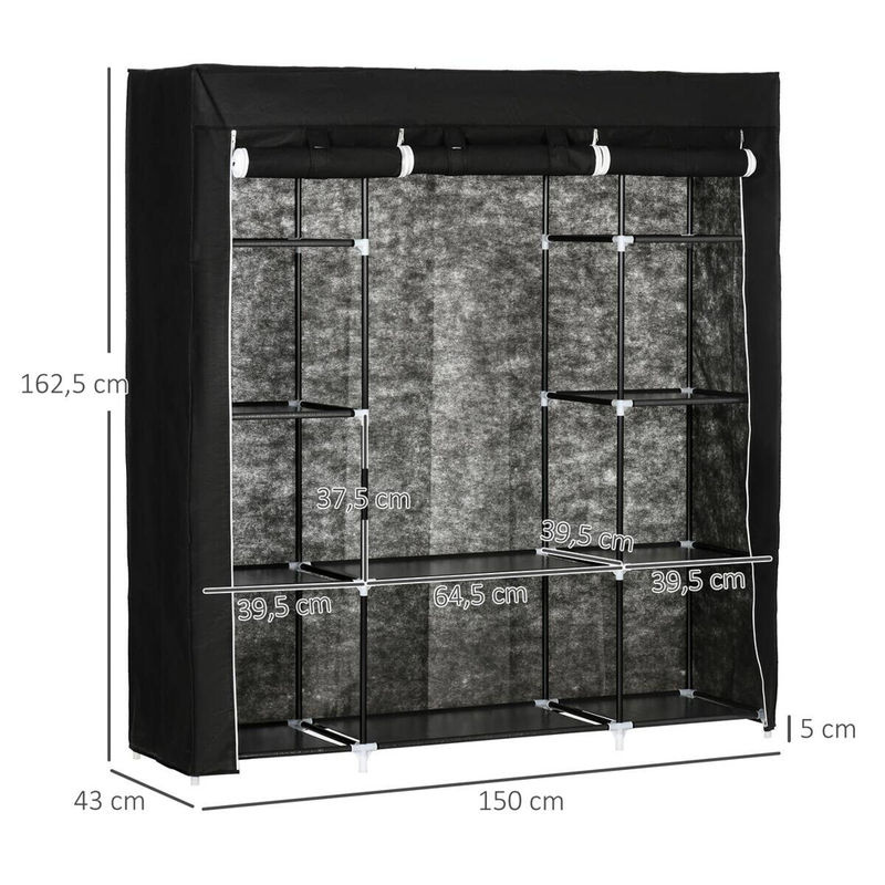 HOMCOM Stoffschrank Schwarz mit 1 Kleiderstange und 10 Einlegeböden aus Vliesstoff und Stahl, B/H/T: 150 x 162,5 x 43 cm - Bild 4